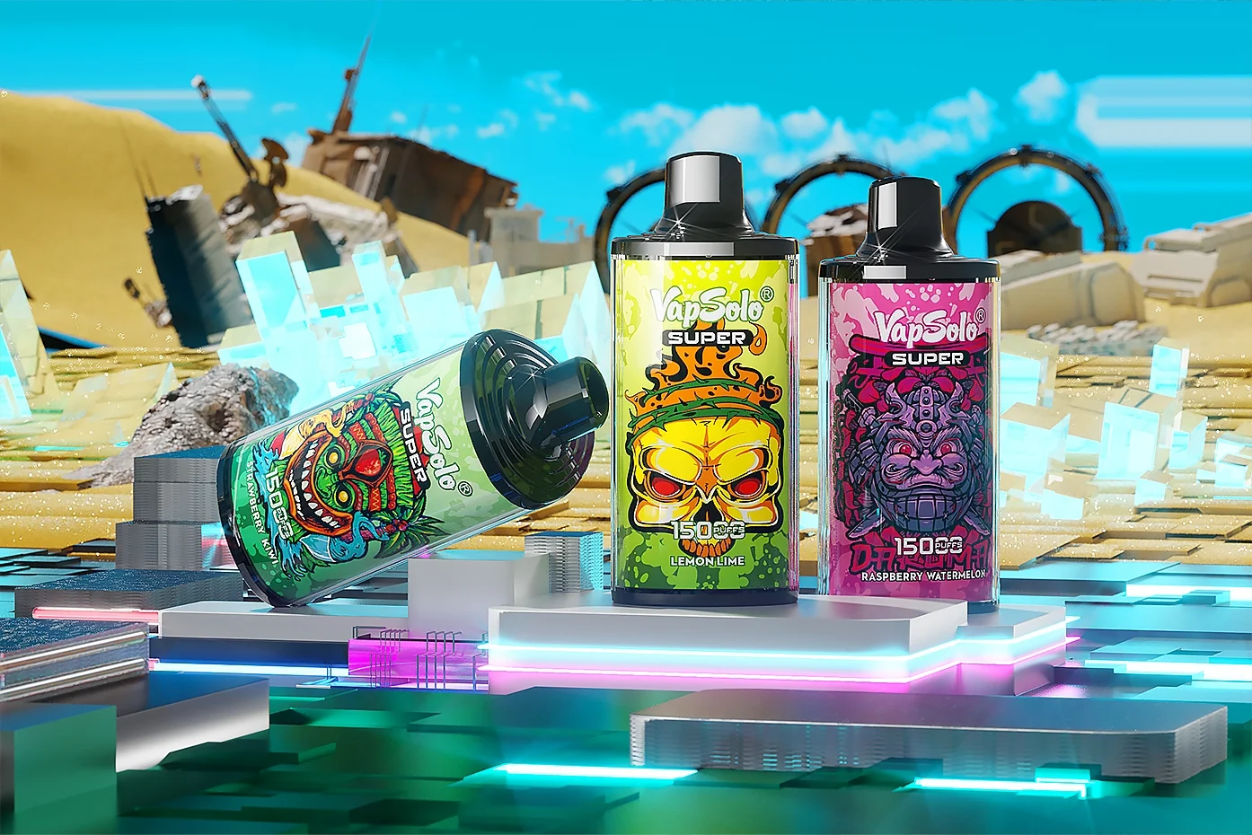 Three VapSolo SUPER vape devices displayed against a futuristic background. The front vape is labeled with a vibrant yellow design and "Lemon Lime" flavor, while another showcases "Raspberry Watermelon" in pink. The third vape exhibits colorful graffiti art.
