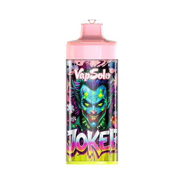 Vibrant VapSolo Joker vape bottle featuring a striking clown face design and pink lemonade theme, highlighted by bold Joker text.
