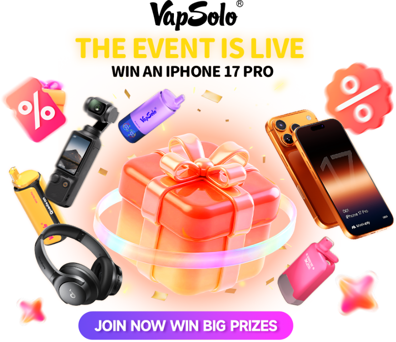 A promotional banner showcasing an exciting event offering a chance to win an iPhone 17 Pro. The image includes a wrapped gift box, percentage symbols, and various prizes such as a camera, headphones, and VapSolo products. The text on the banner highlights "THE EVENT IS LIVE" and "JOIN NOW WIN BIG PRIZES."