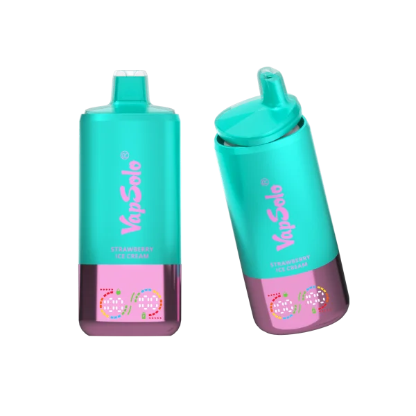 Vibrant teal VapSolo disposable vapes featuring a Strawberry Ice Cream flavor, with a sleek design exhibiting the brand name prominently.