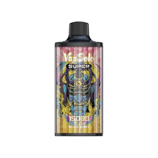 Vapsolo Super vape featuring Peach Berry flavor with 15000 puffs, vibrant graphic design on the device.