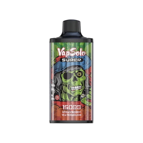 Vapsolo Super vape featuring strawberry watermelon flavor, adorned with an eye-catching skull design and labeled with 15000 puffs.