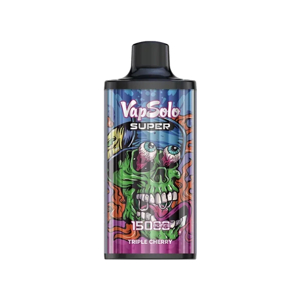 Vapsolo Super vape in Triple Cherry flavor featuring a vibrant design with 150 puffs.