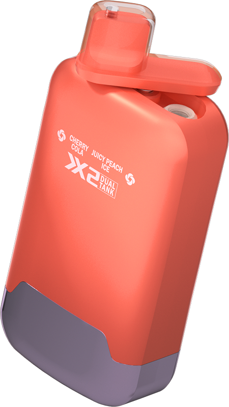 Orange TWINS PRO vape device featuring dual tank with Cherry Cola and Juicy Peach Ice flavor.