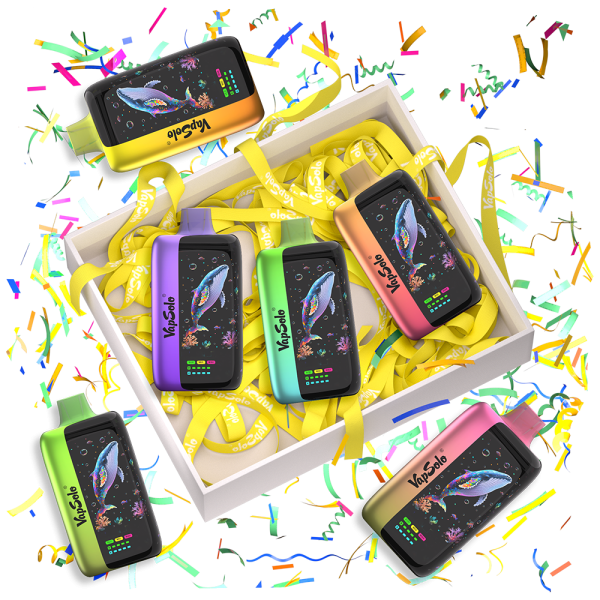 Colorful Vapesolo disposable vapes arranged in a gift box with decorative ribbons and confetti, featuring vibrant packaging designs.