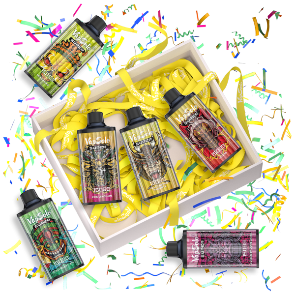 Vapsolo SUPER vape gift set featuring different flavored vapes with 15000 puffs each, displayed in a decorative box with colorful ribbons and confetti.