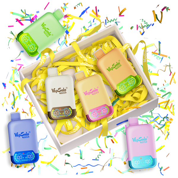 VapSolo TWINS PRO vapes displayed in a festive gift box, surrounded by colorful ribbons and confetti.