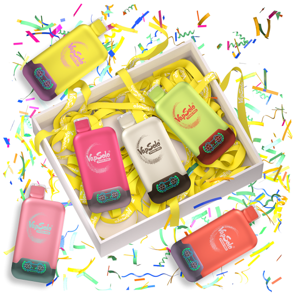 A VapSolo TWINS PRO gift box containing multiple vapes surrounded by colorful confetti. Each vape features a unique color and the VapSolo logo, with decorative yellow ribbons inside the box.